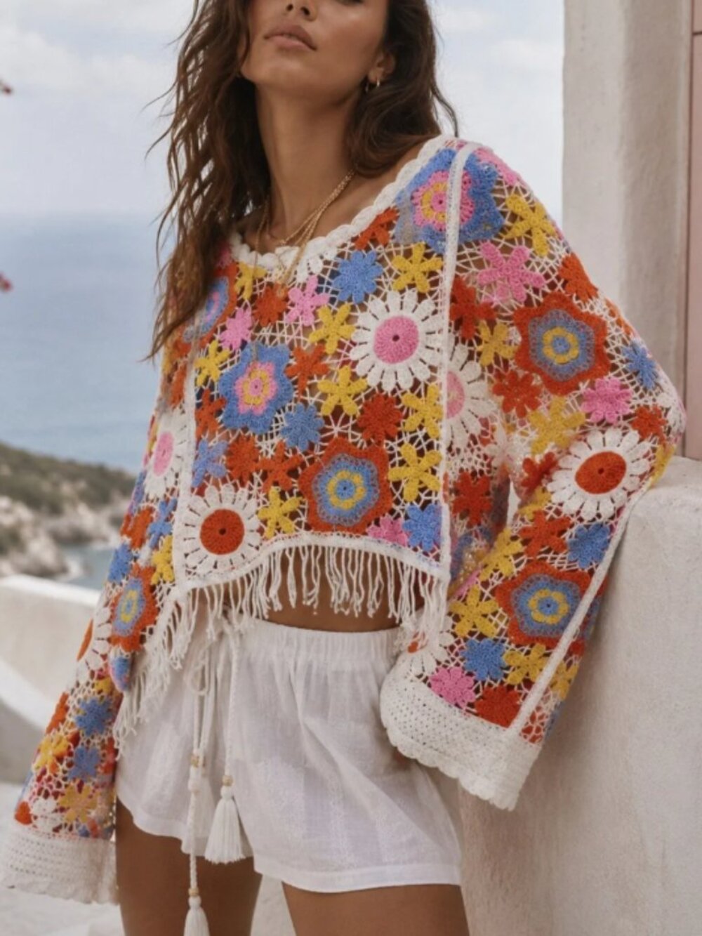 House of Harlow 1960 Revolve Floral Crochet Fringe Poncho Sweater Cover-Up O/S